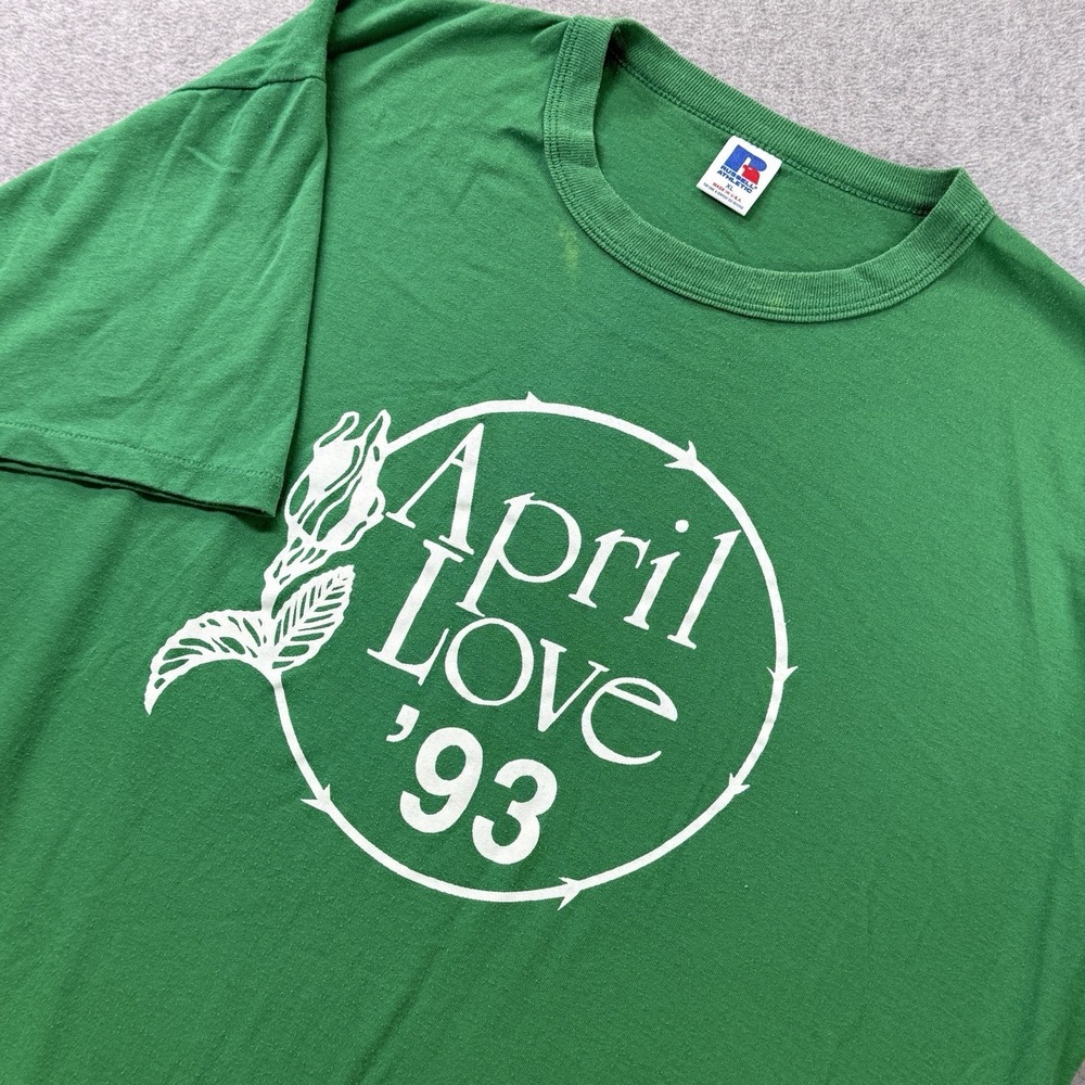 Vintage 1993 April Love Single Stitch T-Shirt XL Green Russell Athletic USA Made